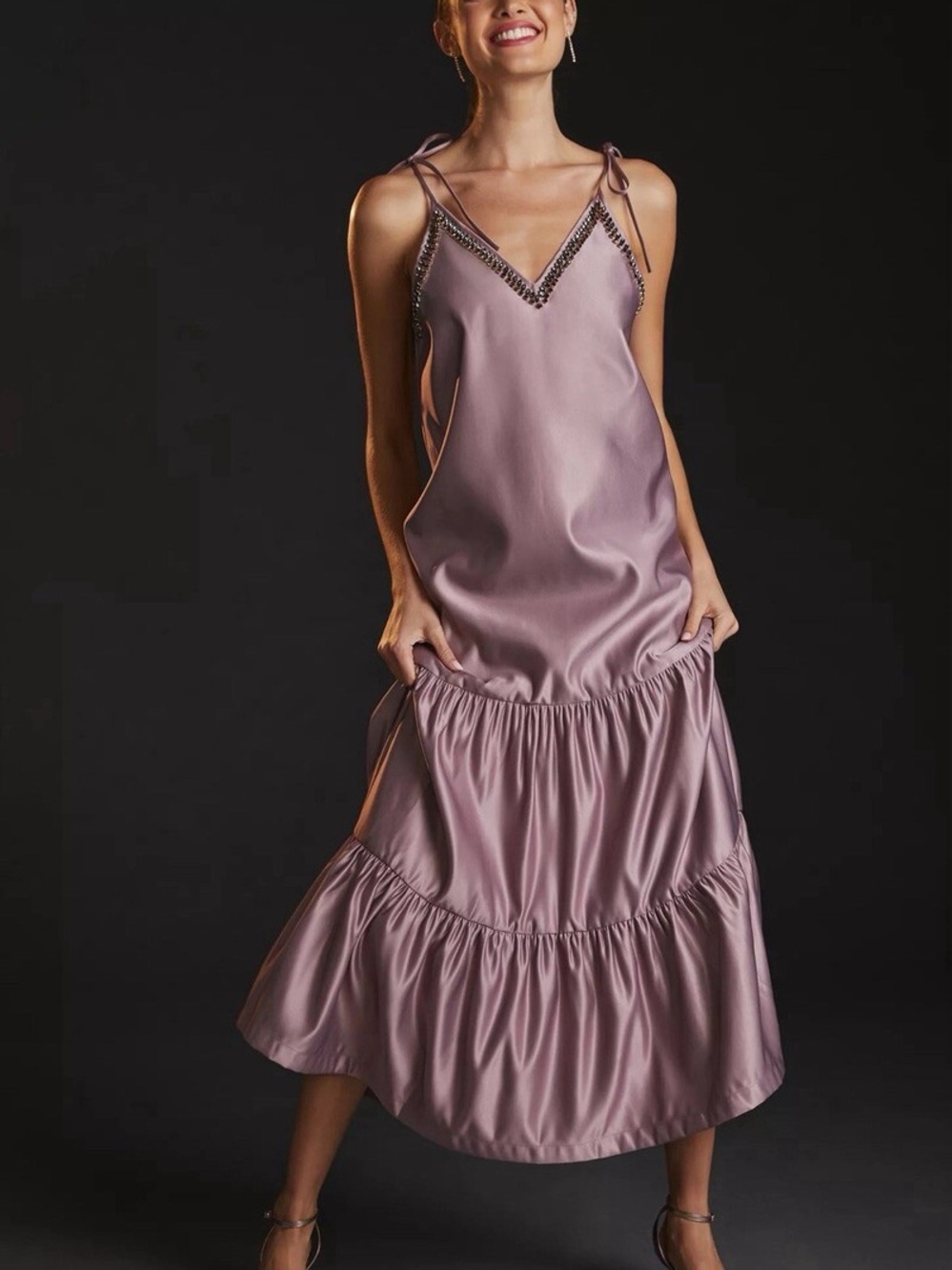 Anthropologie Dhruv Kapoor tiered silky dress w beaded embellished wedding guest